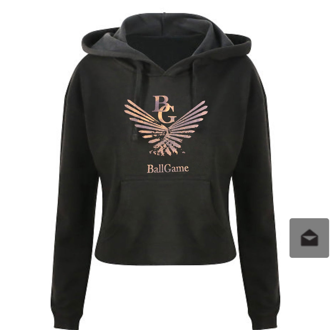 Black with Rose Gold Logo Crop Hoodie